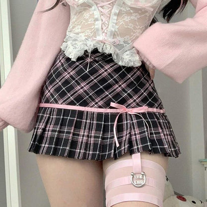 Pink Plaid Ribbon Mini Skirt SpreePicky