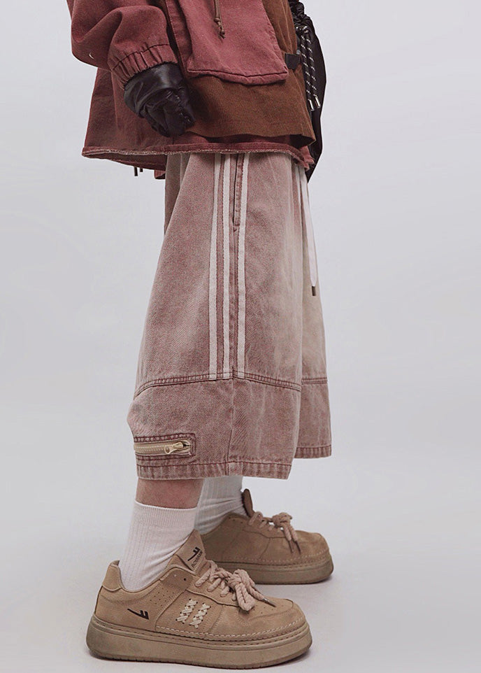 Size Men Elastic Zippered Striped Dark Shorts Plus Waist Summer Gray FashionChic