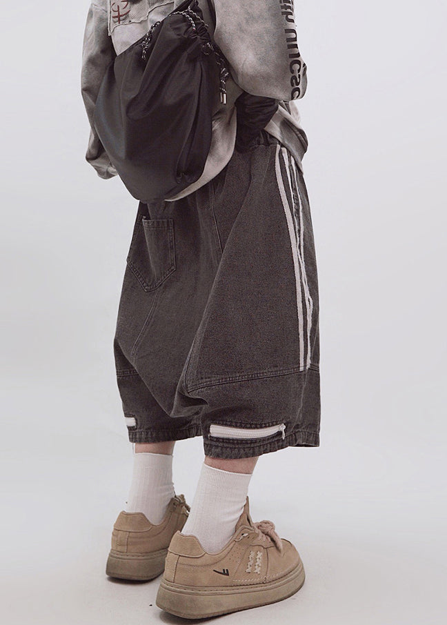 Size Men Elastic Zippered Striped Dark Shorts Plus Waist Summer Gray FashionChic