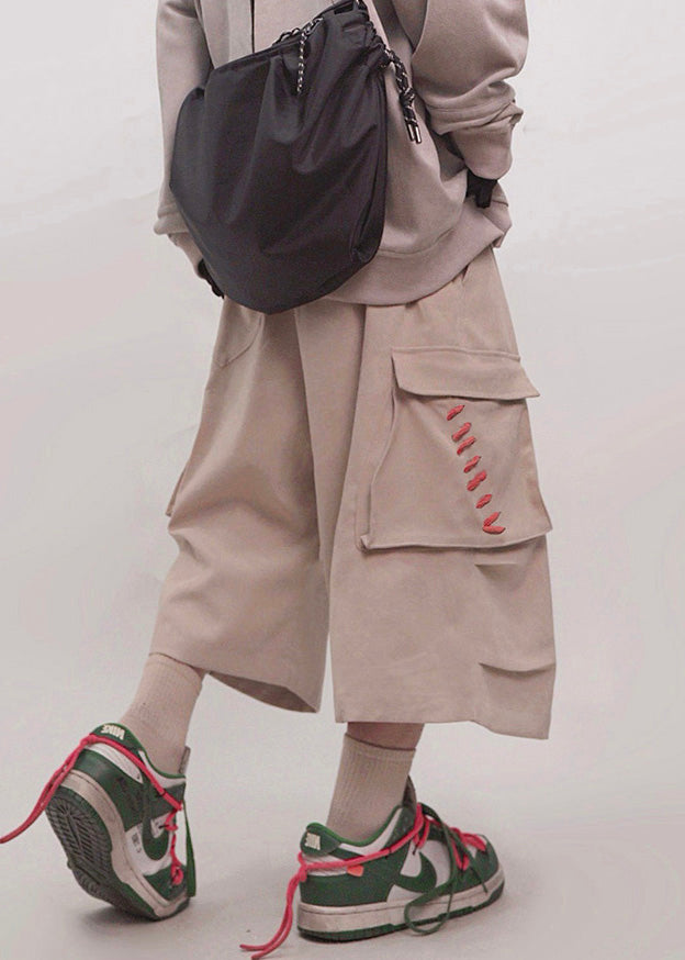 Plus Men Crop Khaki Pockets Elastic Waist Cotton Pants Size Summer FashionChic