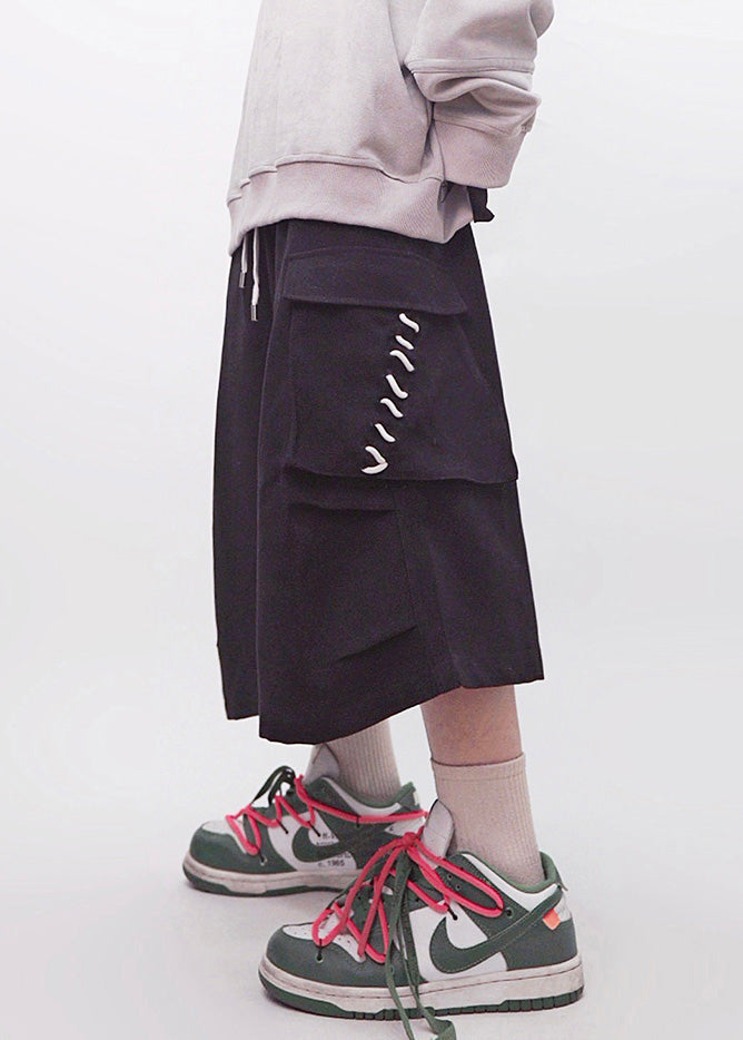 Plus Men Crop Khaki Pockets Elastic Waist Cotton Pants Size Summer FashionChic