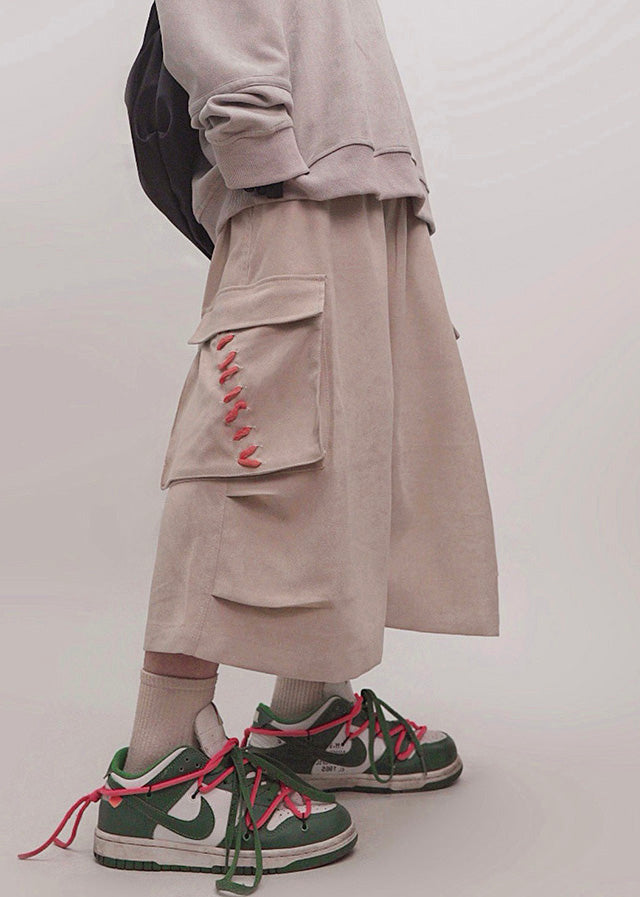 Plus Men Crop Khaki Pockets Elastic Waist Cotton Pants Size Summer FashionChic