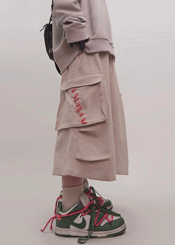 Plus Men Crop Khaki Pockets Elastic Waist Cotton Pants Size Summer FashionChic