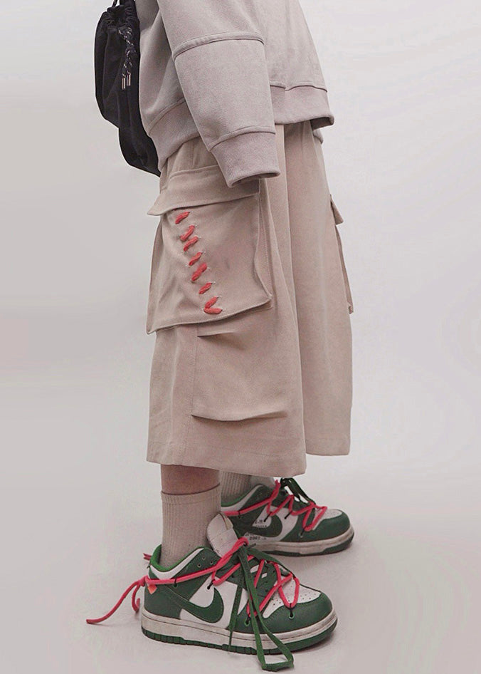 Plus Men Crop Khaki Pockets Elastic Waist Cotton Pants Size Summer FashionChic