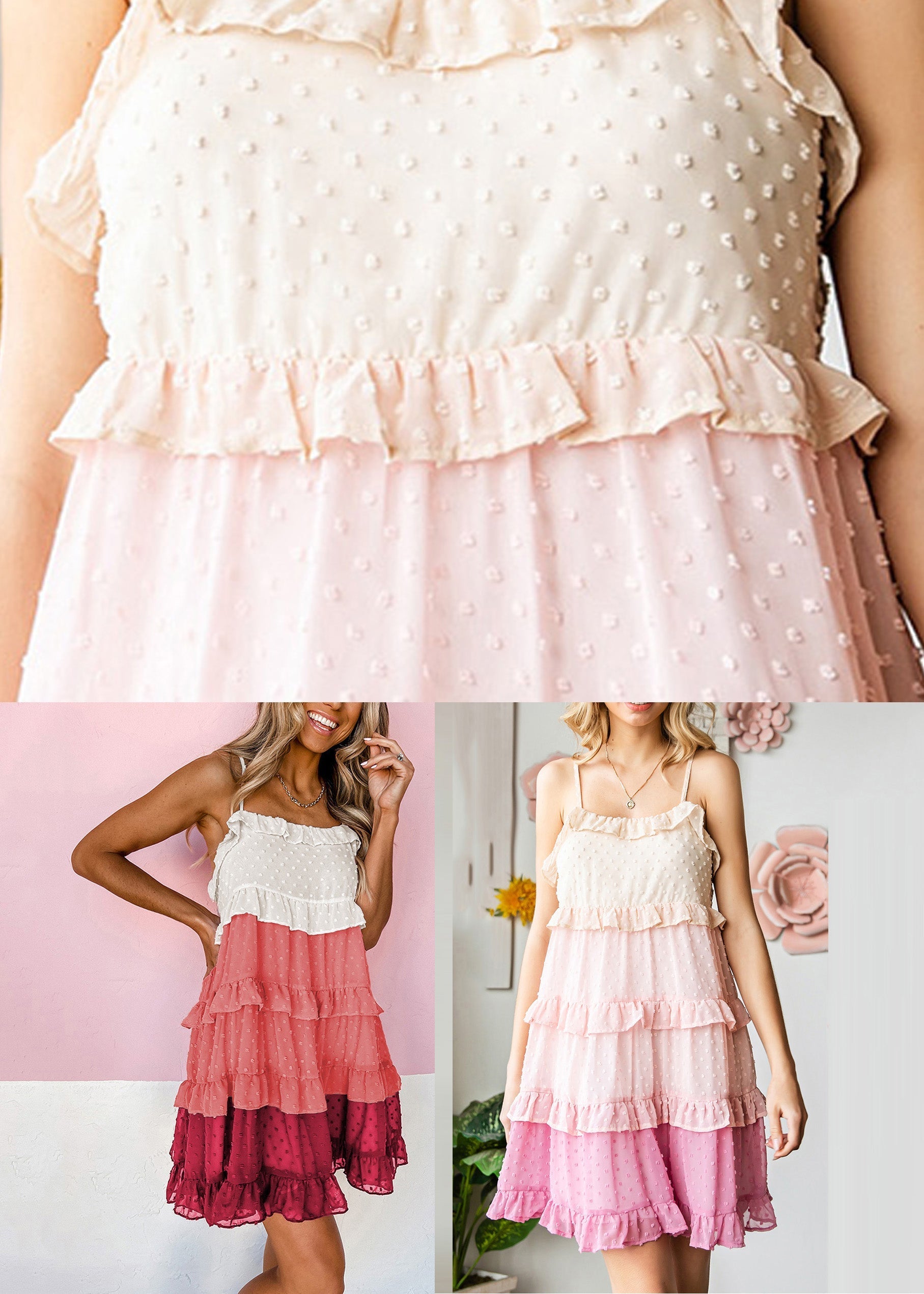 Strap Summer Mid Patchwork Dresses Ruffled Chiffon Spaghetti Red FashionChic