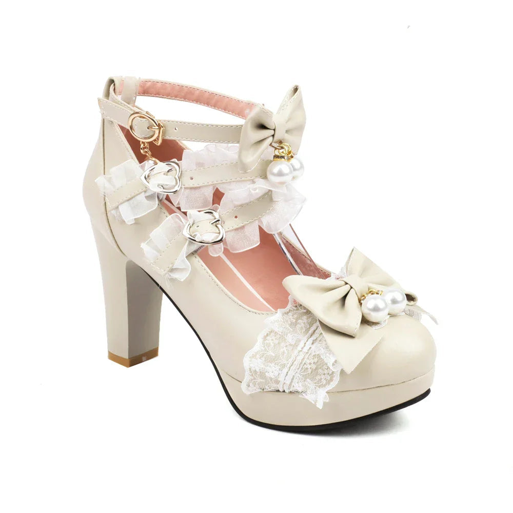 Pearl Lace Lolita Shoes Round - Bow 33-43 Head Heels FashionChic