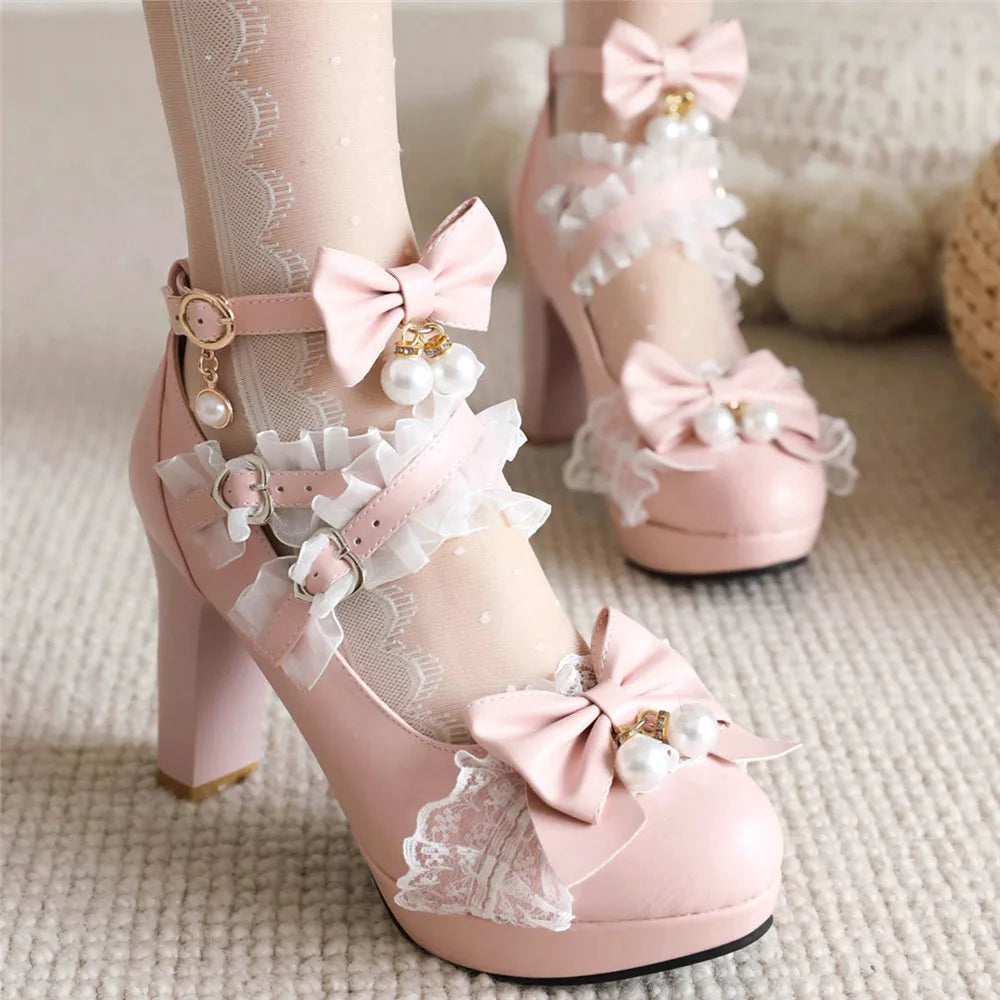 Pearl Lace Lolita Shoes Round - Bow 33-43 Head Heels FashionChic