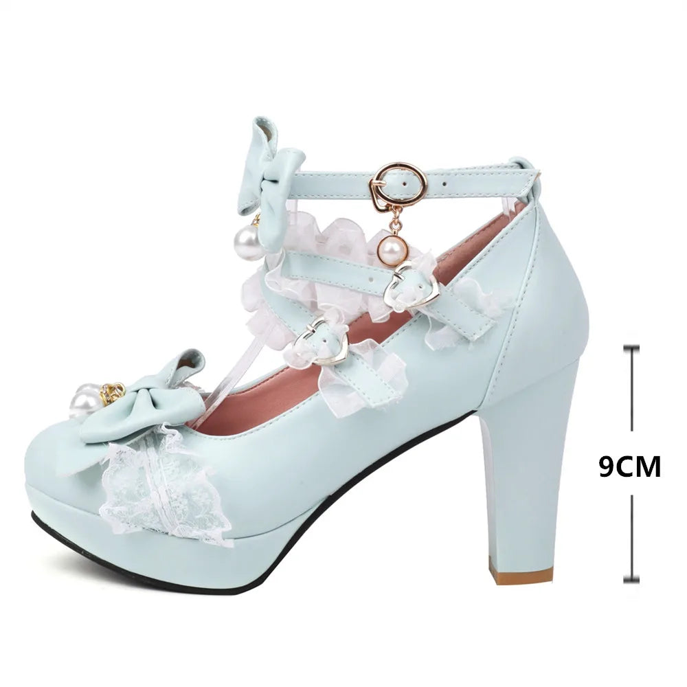 Pearl Lace Lolita Shoes Round - Bow 33-43 Head Heels FashionChic