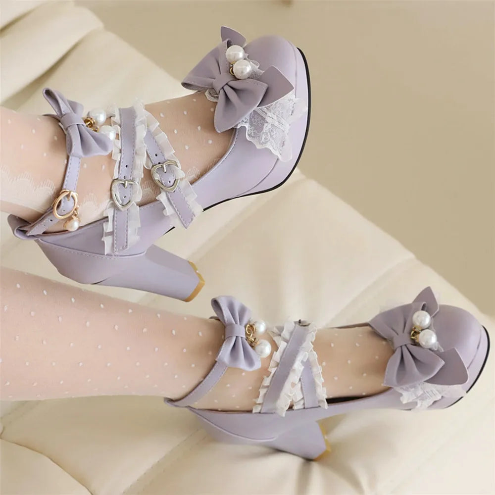 Pearl Lace Lolita Shoes Round - Bow 33-43 Head Heels FashionChic