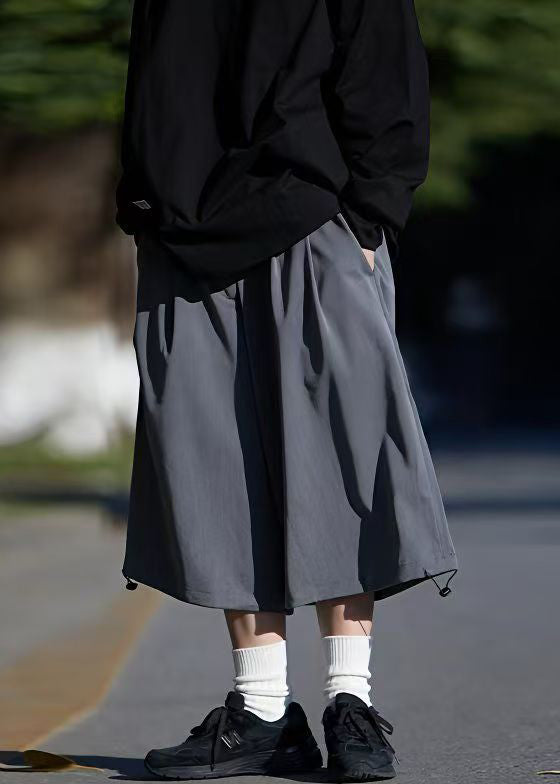 Grey Pants Summer Silk Simple Pockets Crop Drawstring Men Ice FashionChic