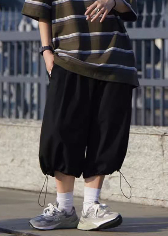 Grey Pants Summer Silk Simple Pockets Crop Drawstring Men Ice FashionChic