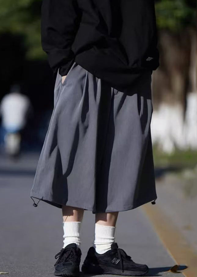 Grey Pants Summer Silk Simple Pockets Crop Drawstring Men Ice FashionChic