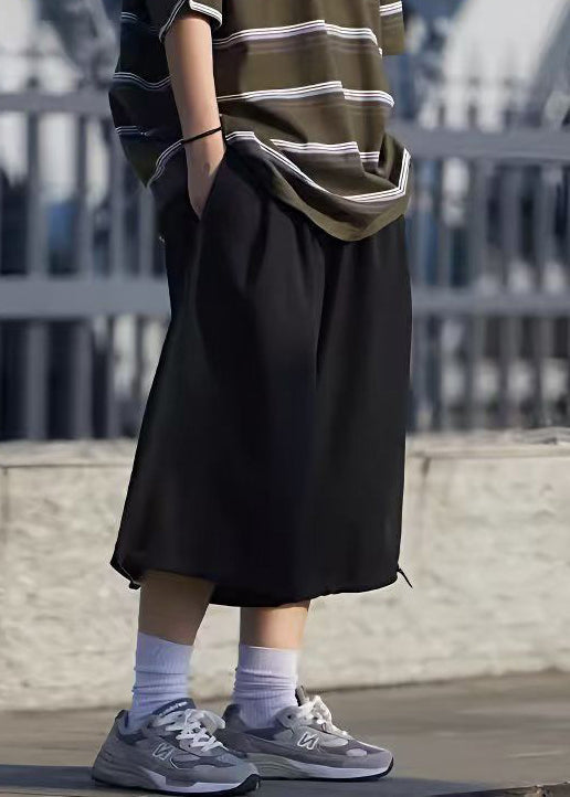 Grey Pants Summer Silk Simple Pockets Crop Drawstring Men Ice FashionChic