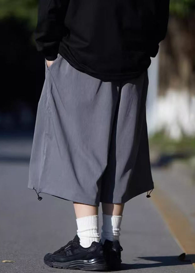 Grey Pants Summer Silk Simple Pockets Crop Drawstring Men Ice FashionChic