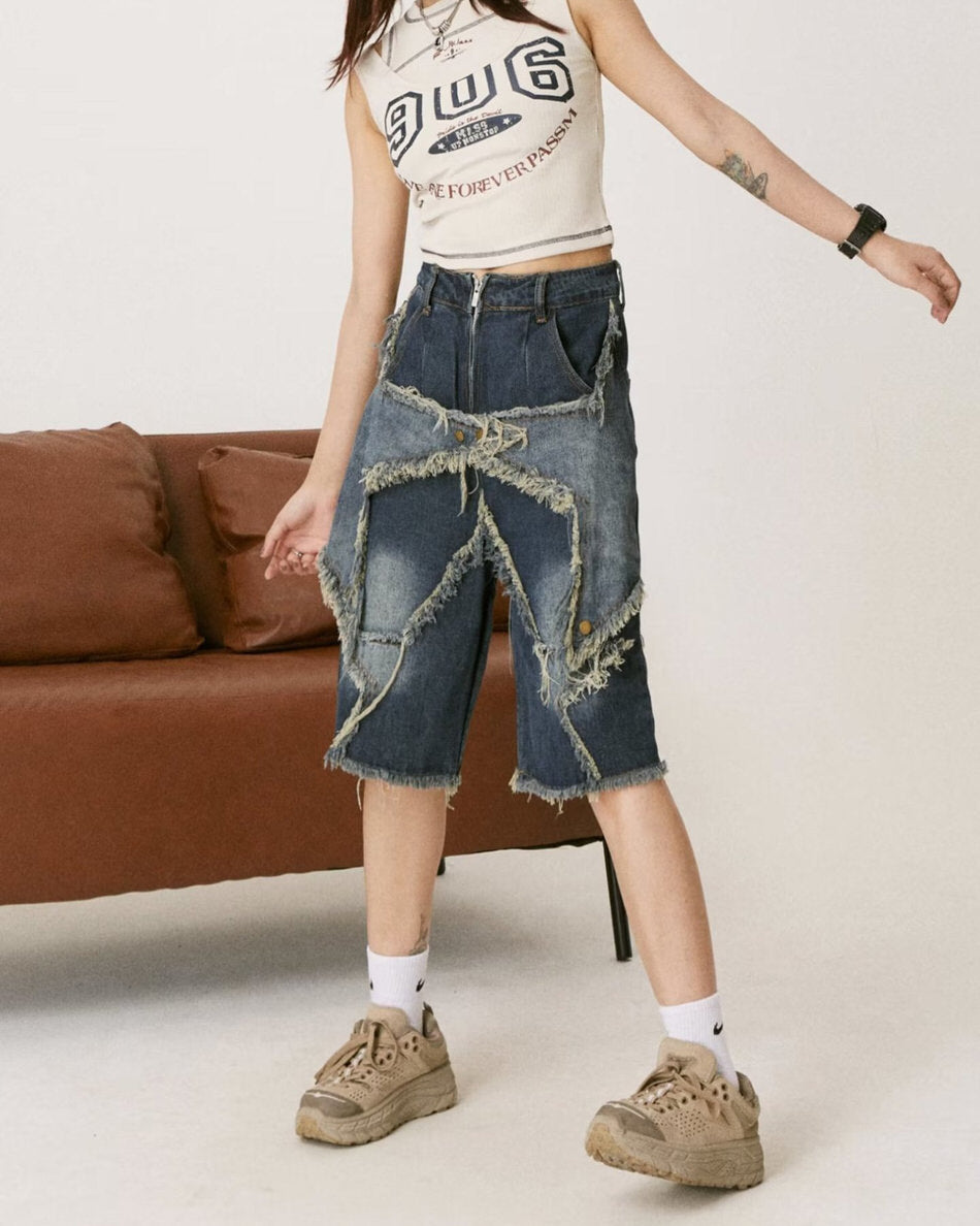 Y2K Star Patch High-Waisted Denim Shorts Boogzel Clothing