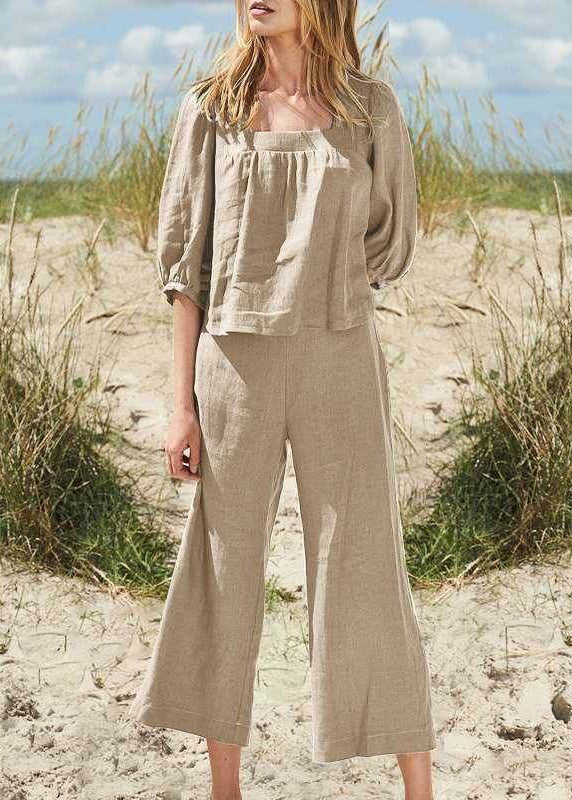 Style Top Collar Pieces Half Pants And Crop Two Set Khaki Square FashionChic