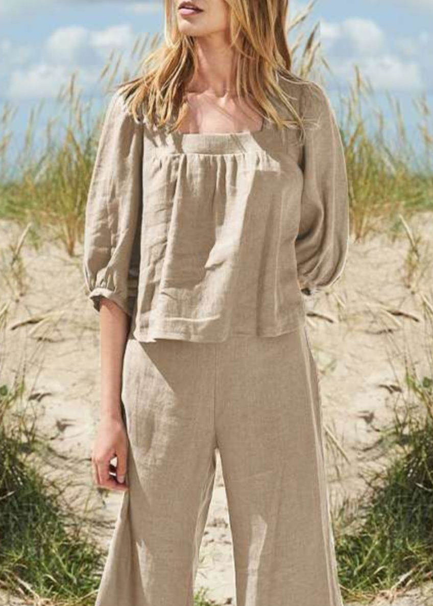 Style Top Collar Pieces Half Pants And Crop Two Set Khaki Square FashionChic