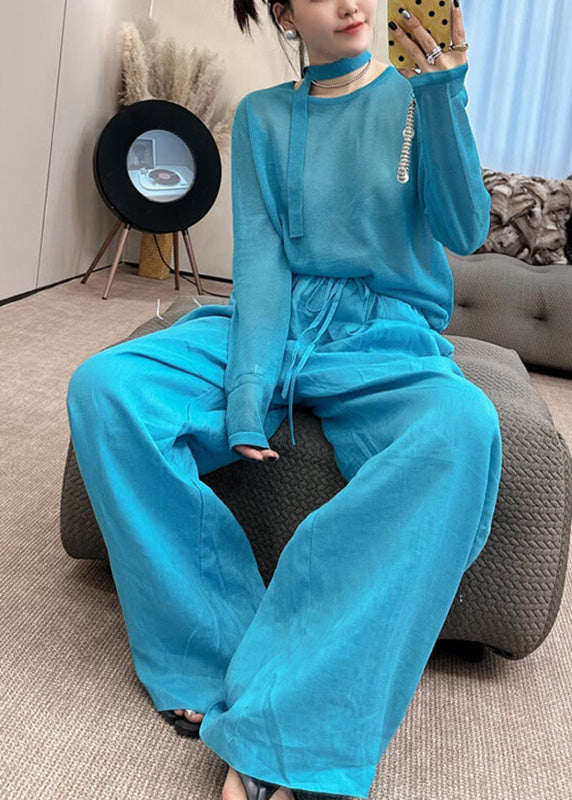 Pants Blue Two O-Neck Set Knit Piece Leg Stylish And Fall Toop Wide FashionChic