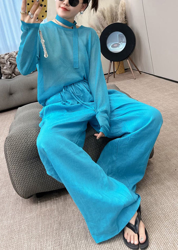 Pants Blue Two O-Neck Set Knit Piece Leg Stylish And Fall Toop Wide FashionChic