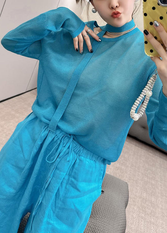 Pants Blue Two O-Neck Set Knit Piece Leg Stylish And Fall Toop Wide FashionChic