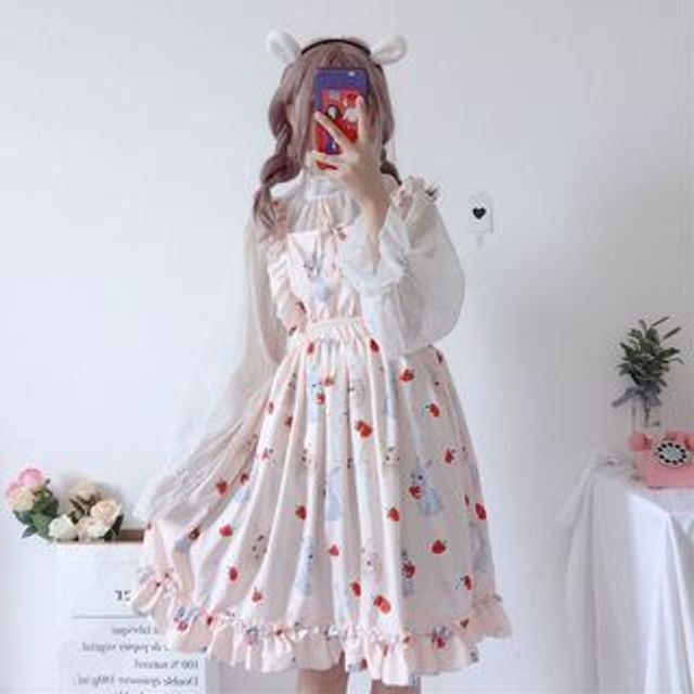 Rabbit Print Lolita Apron A-line Dress / Sheer Dotted Mesh Blouse mySite