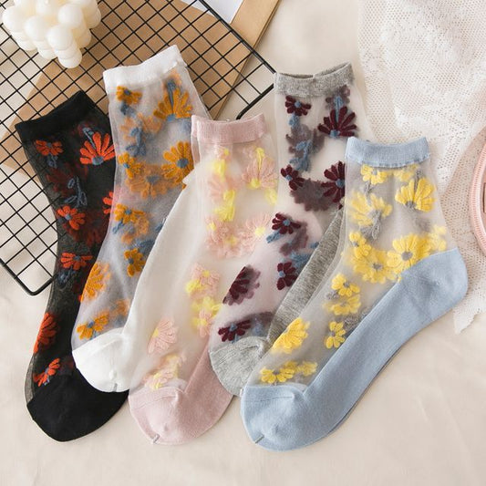 Set Of 3 Pairs: Floral Print Mesh Socks SpreePicky