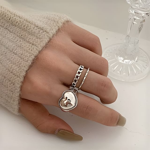 925 Sterling Silver Heart Signet Open Ring / 925 Sterling Silver Cutout Chain Open Ring SpreePicky