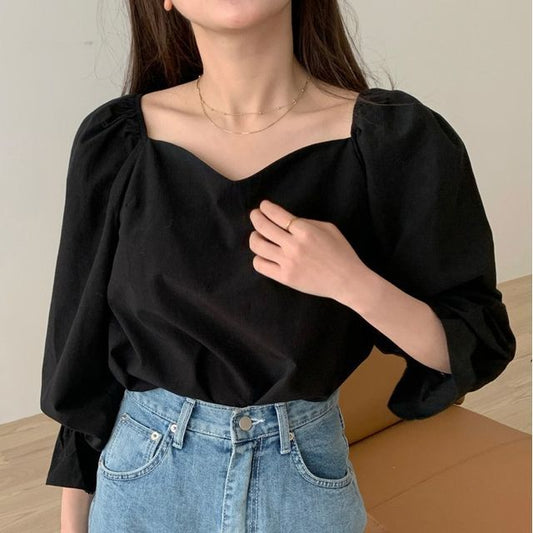 Puff Sleeve Square Neck Plain Blouse SpreePicky