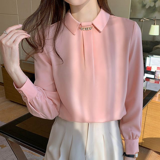 Long Sleeve Rhinestone Satin Blouse mySite