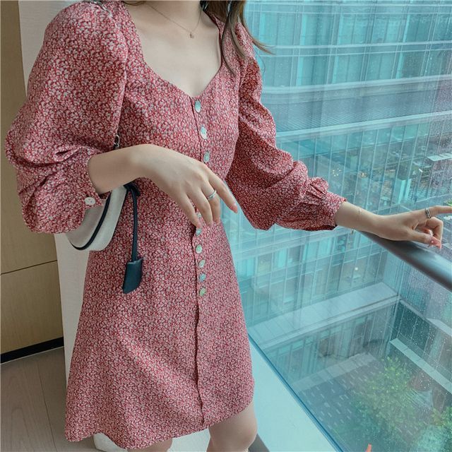 Puff Sleeve Square Neck Floral Print Mini Chiffon Dress mySite