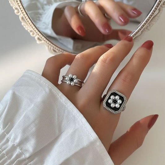 Faux Pearl Floral Open Ring SpreePicky