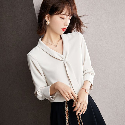 Long Sleeve Knotted Neck Chiffon Blouse SpreePicky