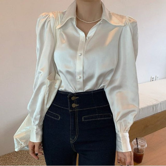 Puff Sleeve Plain Silk Blouse mySite