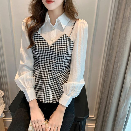 Long Sleeve Houndstooth Panel Mock Two Piece Top mySite