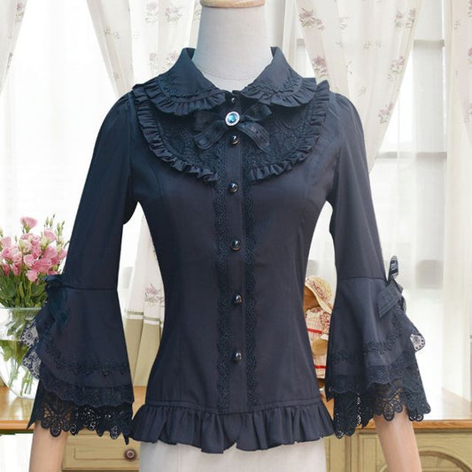 Lolita Bell-Sleeve Collared Lace Trim Blouse mySite