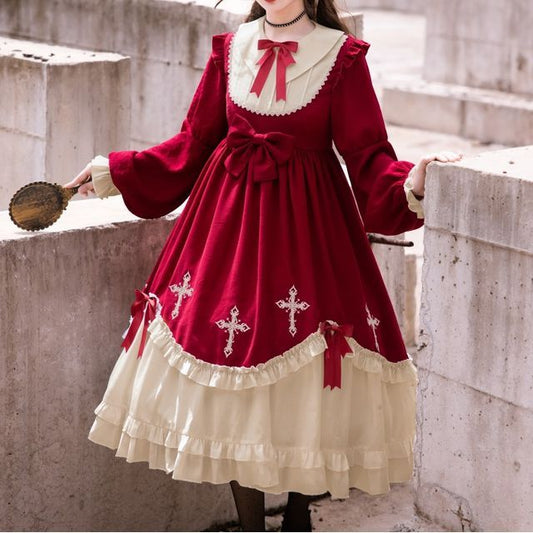 Cross Embroidered Long-Sleeve Lolita Dress mySite