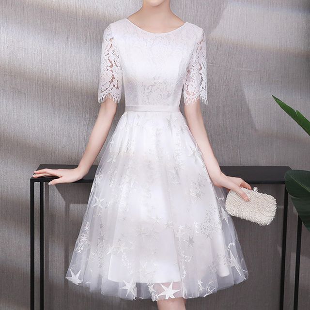 Elbow-Sleeve Lace A-Line Evening Dress SpreePicky