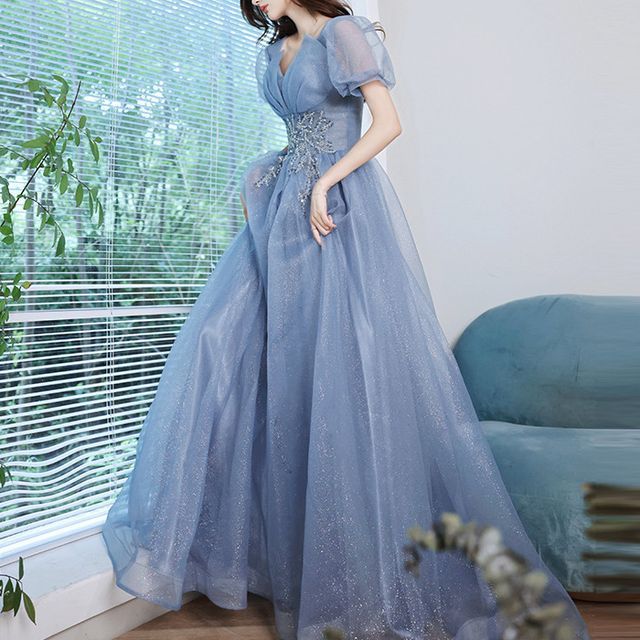 Puff-Sleeve Sequined Mesh A-Line Evening Gown SpreePicky