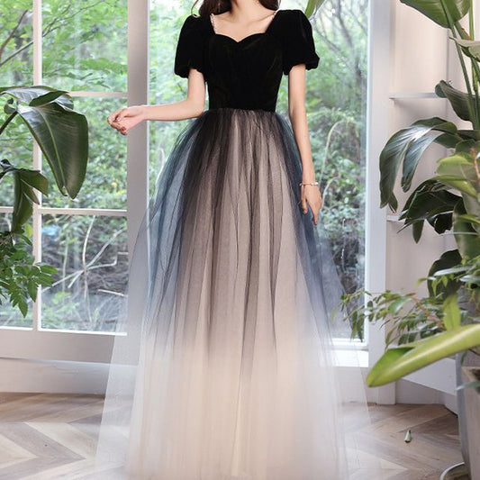 Puff-Sleeve Ombre Mesh A-Line Evening Gown SpreePicky