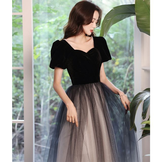 Puff-Sleeve Ombre Mesh A-Line Evening Gown SpreePicky