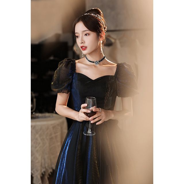 Puff-Sleeve Tie-Waist A-Line Evening Gown SpreePicky