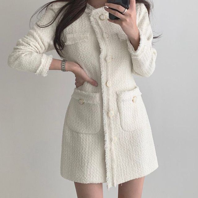 Long-Sleeve Fray Hem Mini A-Line Tweed Dress SpreePicky