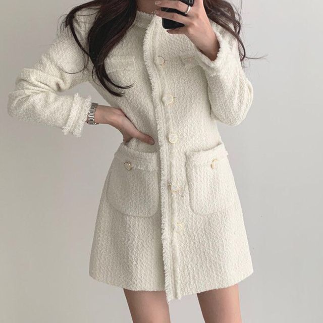 Long-Sleeve Fray Hem Mini A-Line Tweed Dress SpreePicky