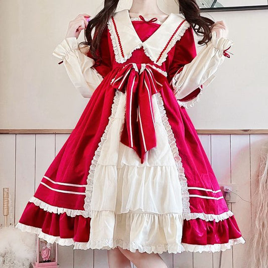 Lolita Long-Sleeve Mock Two-Piece Lace Trim A-Line Dress / Headpiece / Set mySite