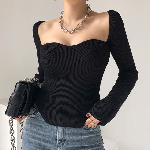 Square-Neck Ribbed Knit Top SpreePicky