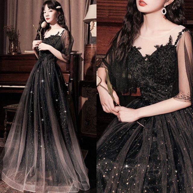 / Gown Evening A-Line Sheer Dress Short-Sleeve FashionChic