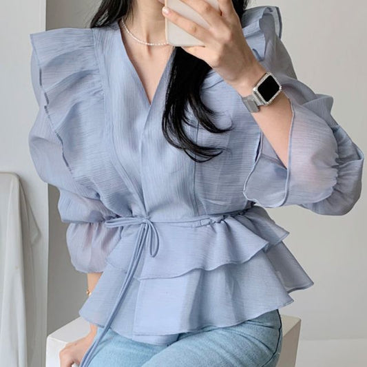 Bell-Sleeve V-Neck Ruffled Blouse SpreePicky