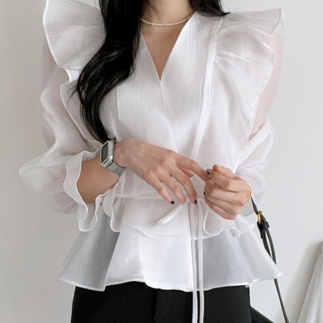 Bell-Sleeve V-Neck Ruffled Blouse SpreePicky