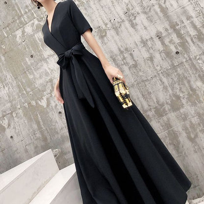 Short-Sleeve Tie-Front A-Line Evening Gown SpreePicky