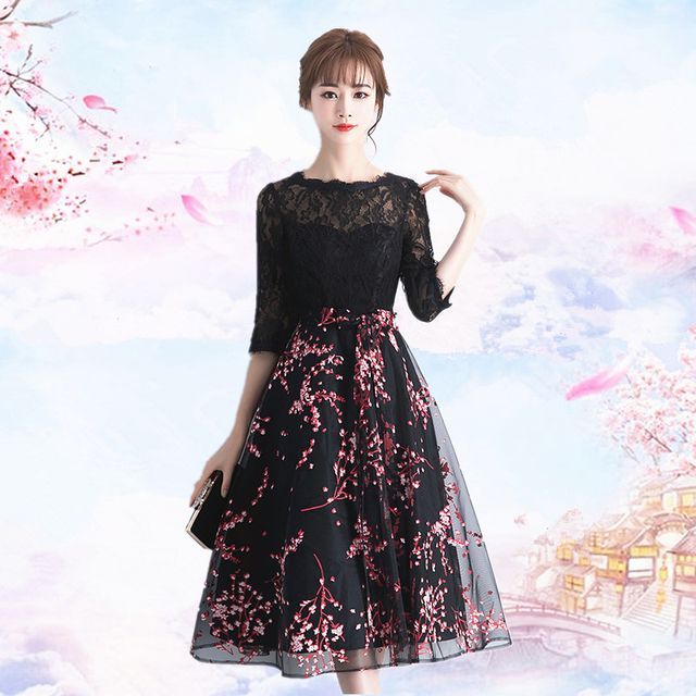 Elbow-Sleeve Floral Embroidered A-Line Lace Cocktail Dress SpreePicky